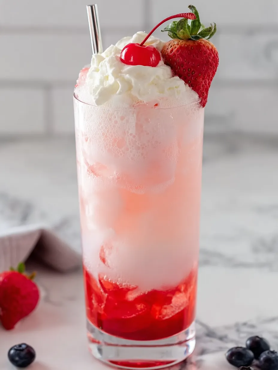 A tall glass filled with a pink soda drink and some strawberries around.