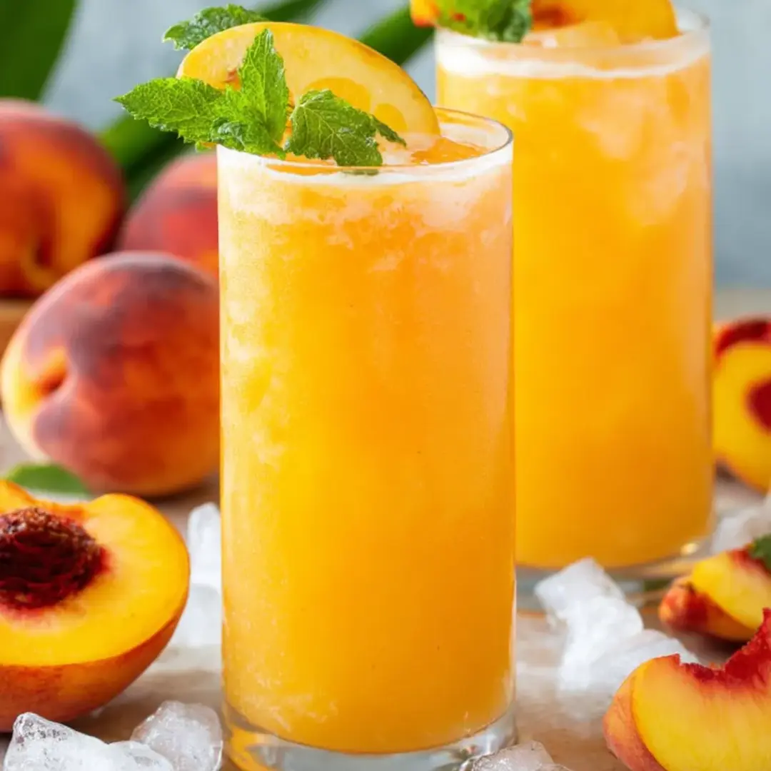 Glasses filled with peachy lemonade topped with mint sprigs.