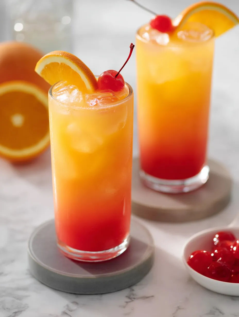 Two glasses packed with orange juice and cherries on top.