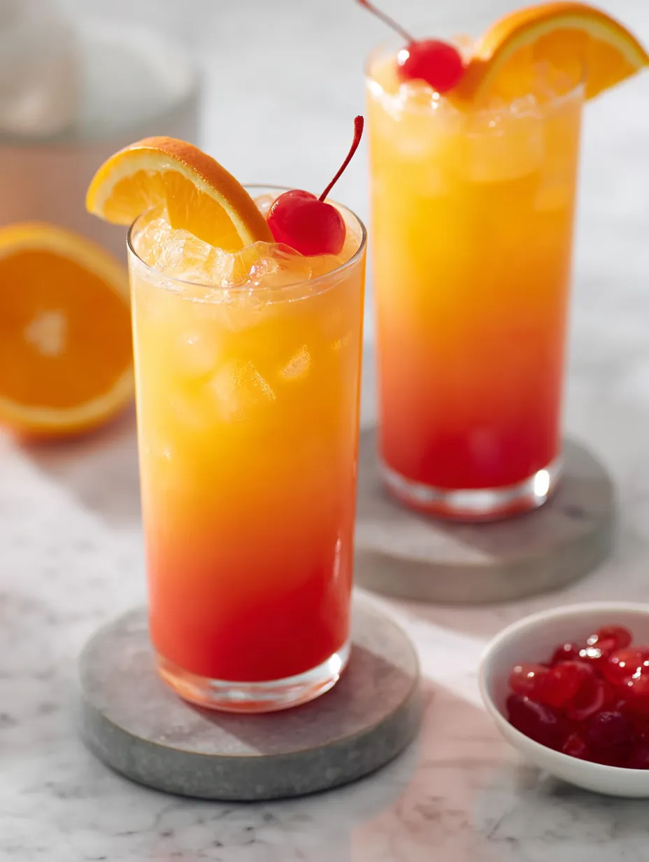 Two glasses filled with orange juice and cherries sitting nearby.