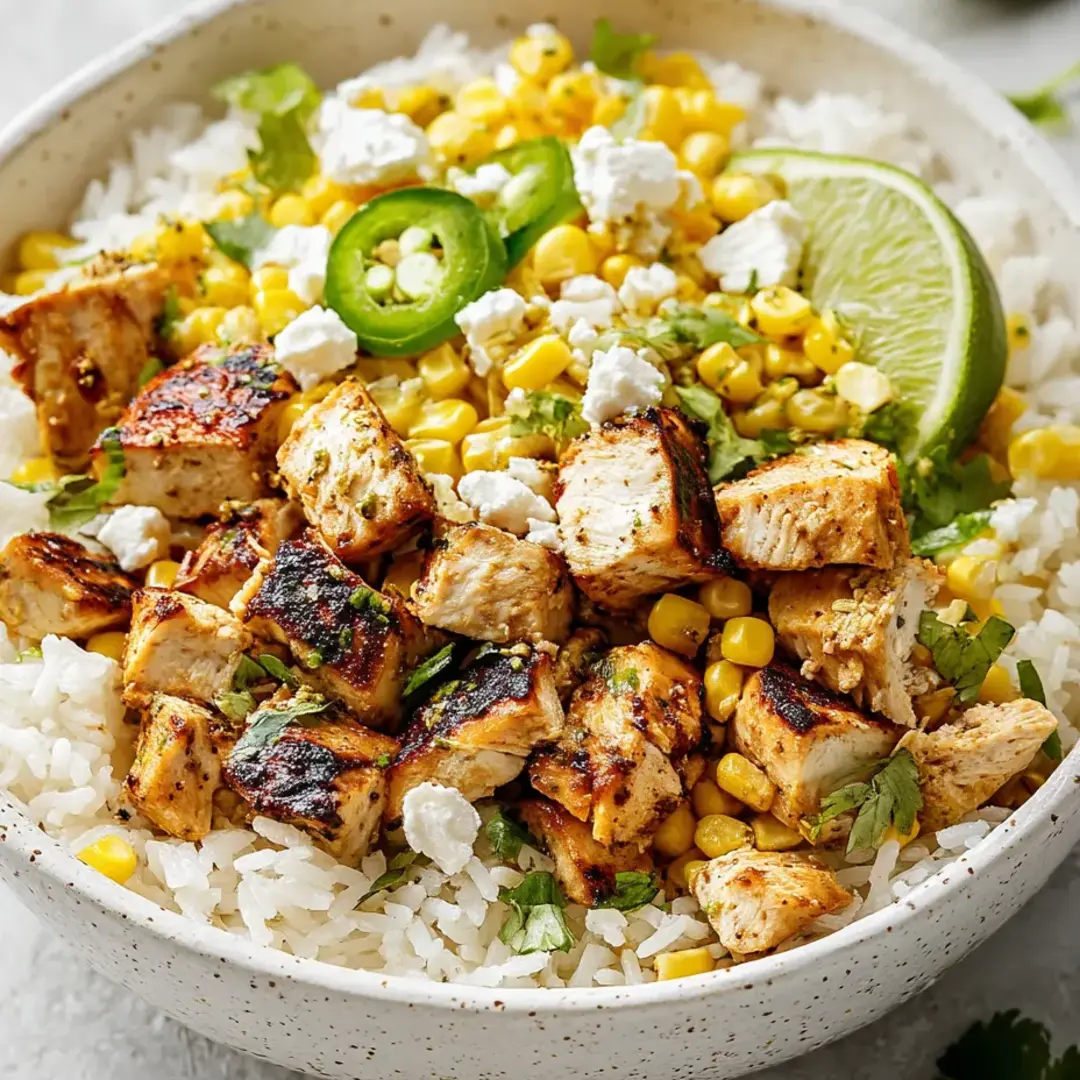 A big bowl of chicken chunks, veggies, and rice.