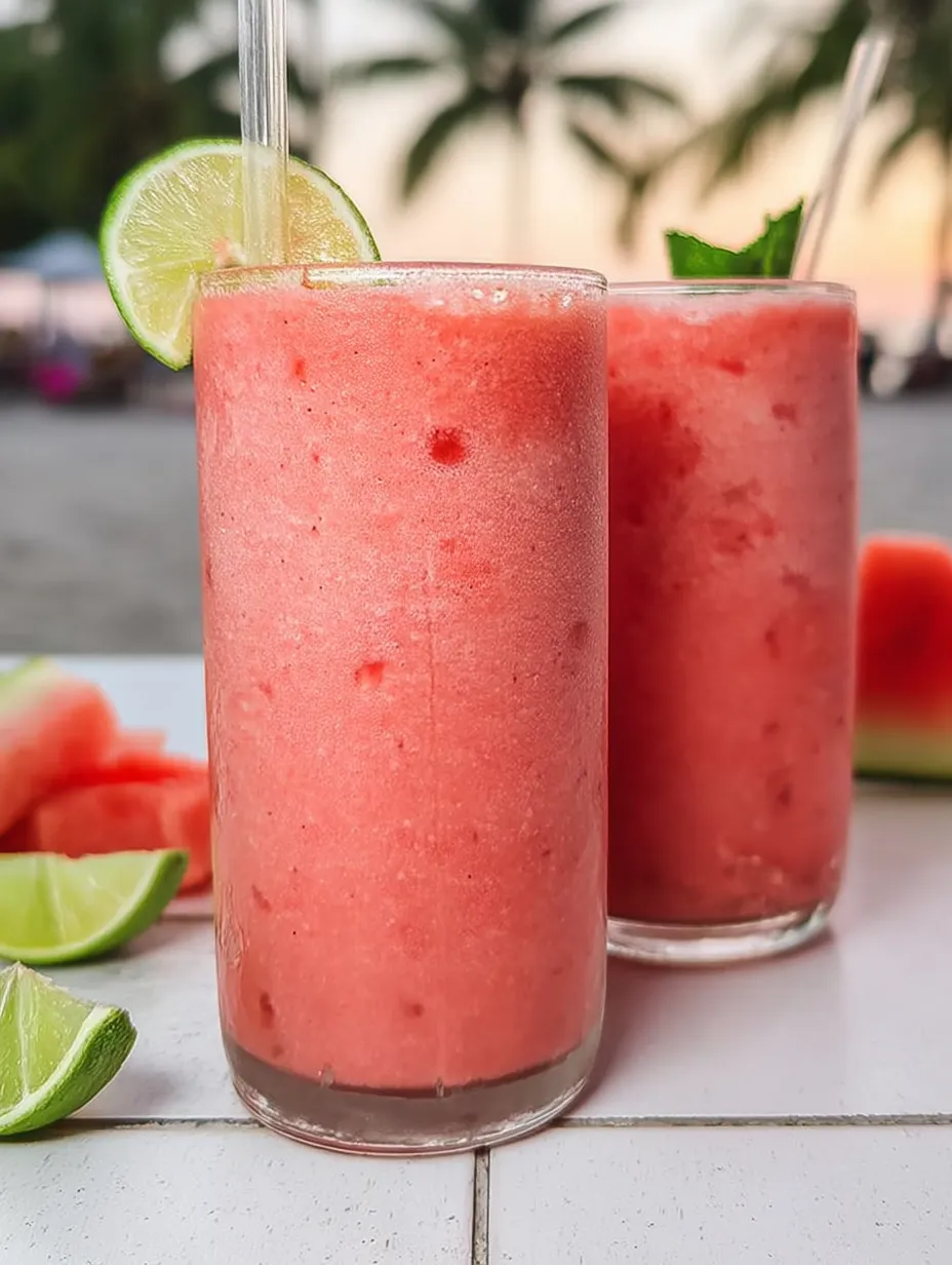 Two drinks in pink with limes on the side.