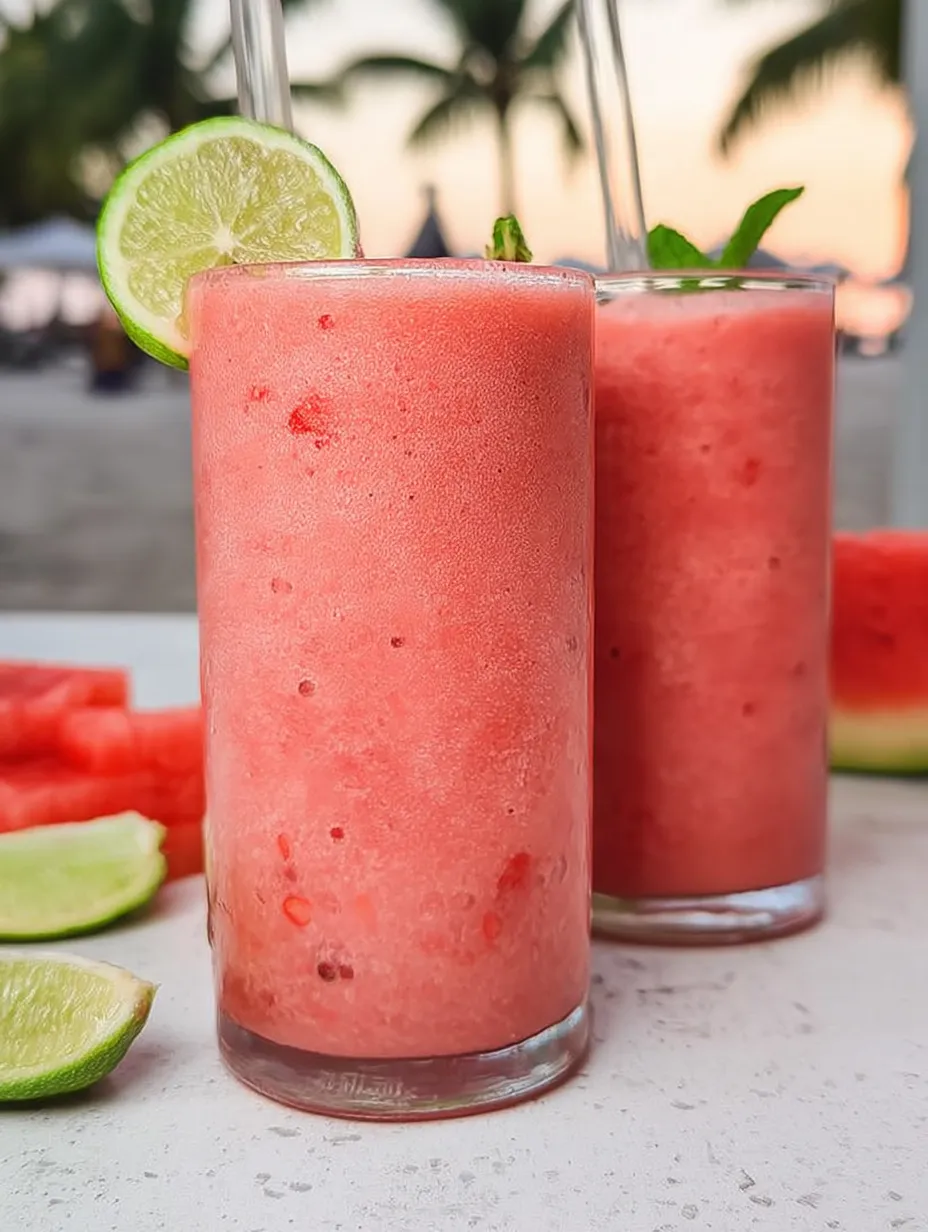 Pink smoothies in two glasses with limes on the side.