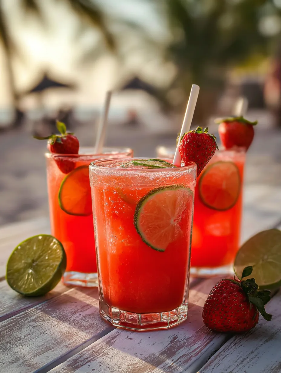 Three glasses filled with icy pink strawberry limeade with fruit garnishes.