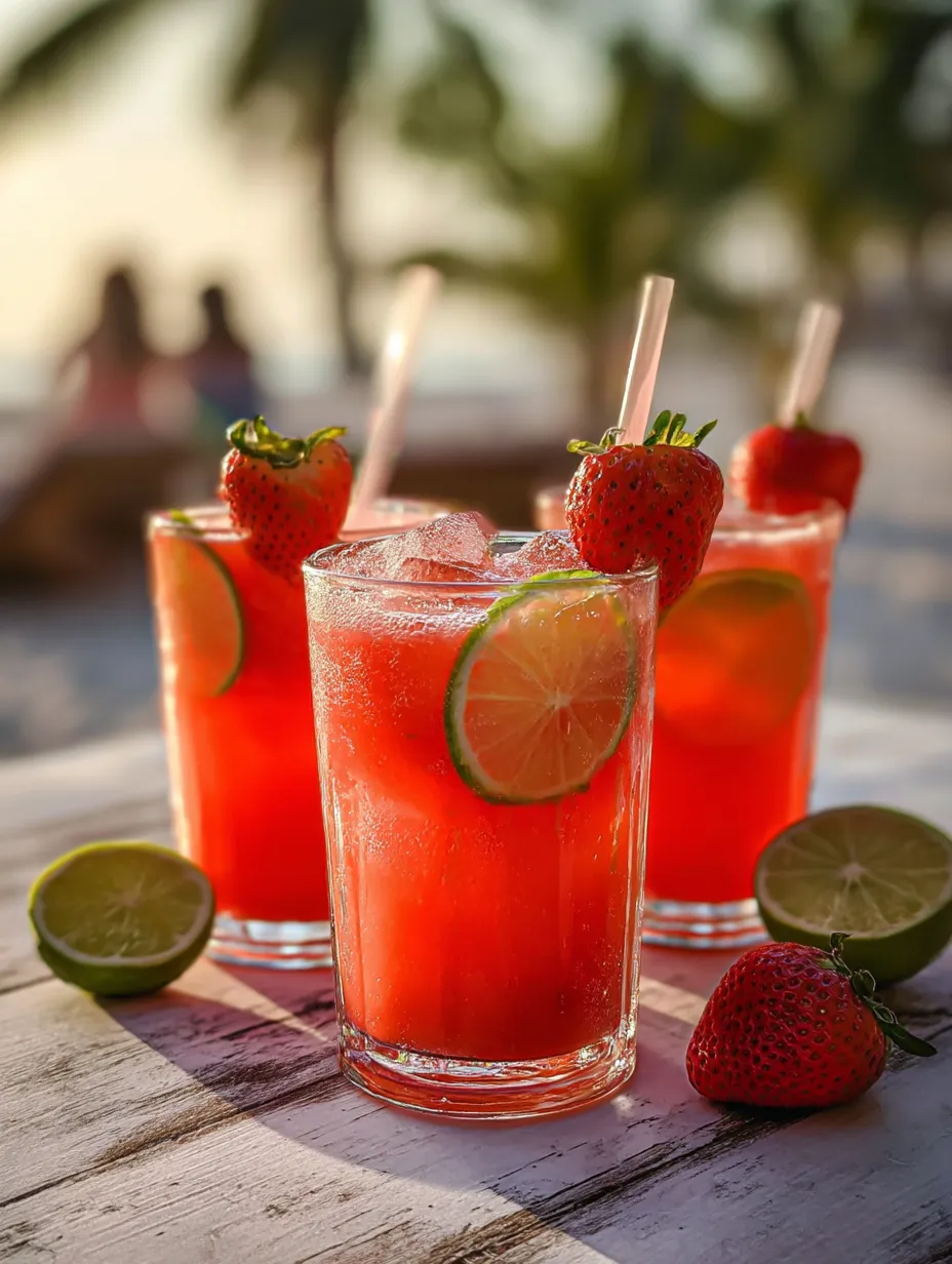 Tall glasses filled with strawberry pink drink and slices of lime on the side.