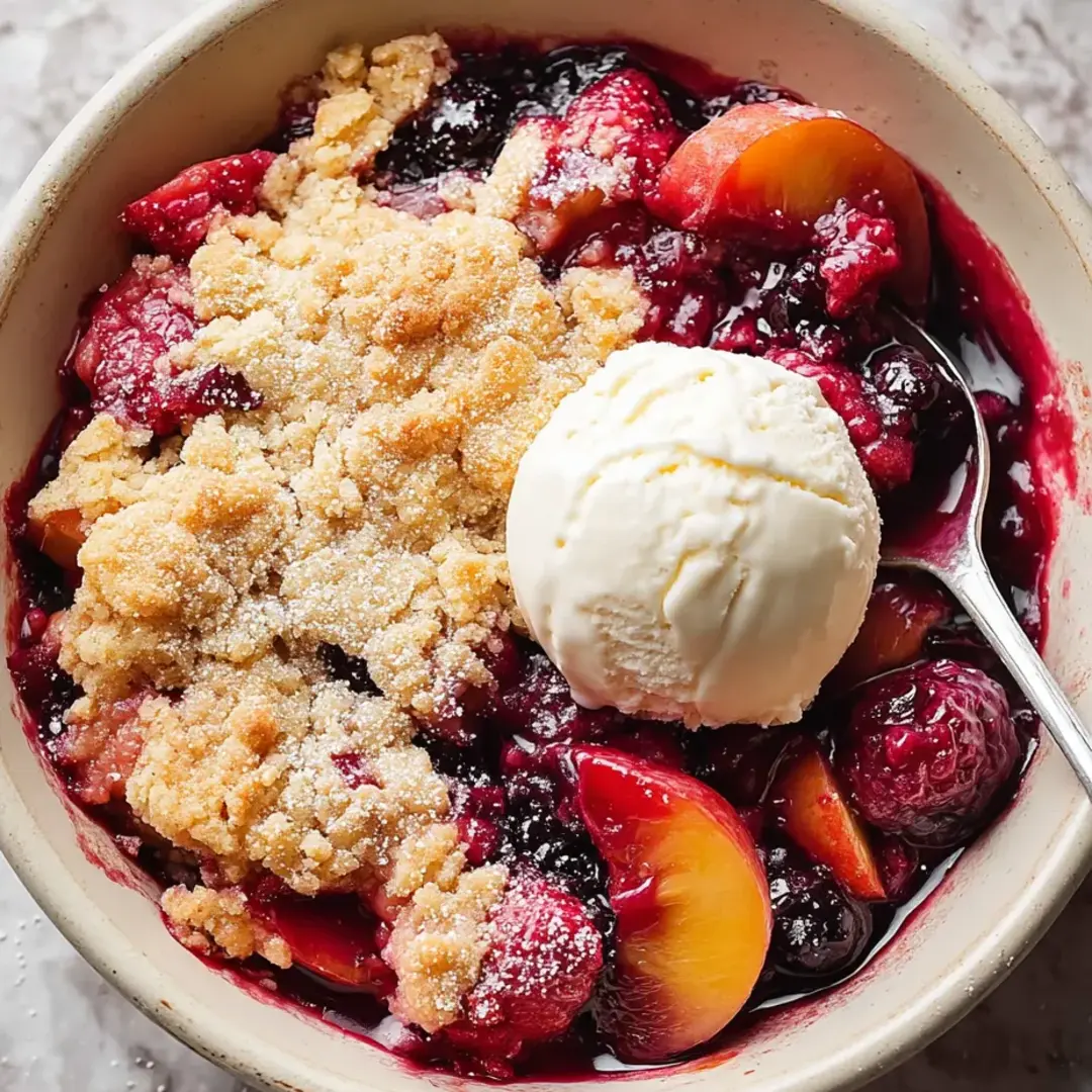 A dish with fruit and melting ice cream on top.