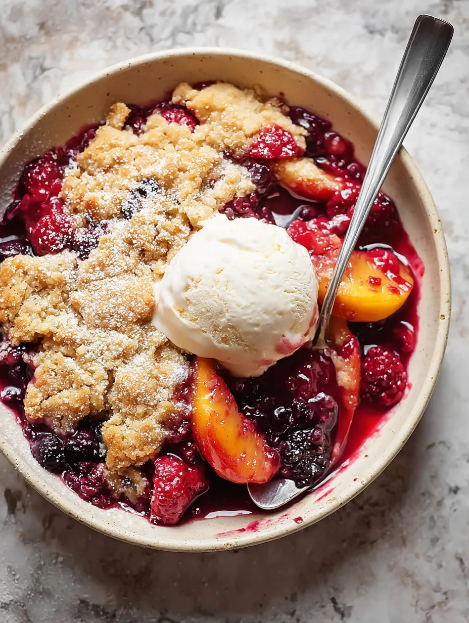 A bowl with warm fruit and a scoop of melting ice cream on top.
