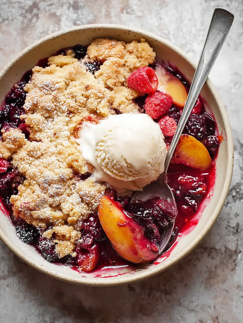 Warm fruit topped with ice cream in a cozy bowl.