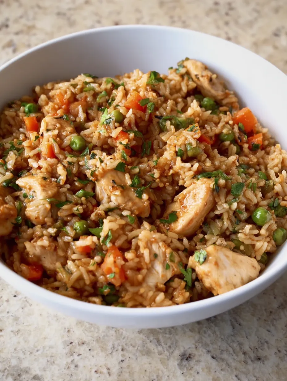 A bowl showing rice, chicken, and peas together.