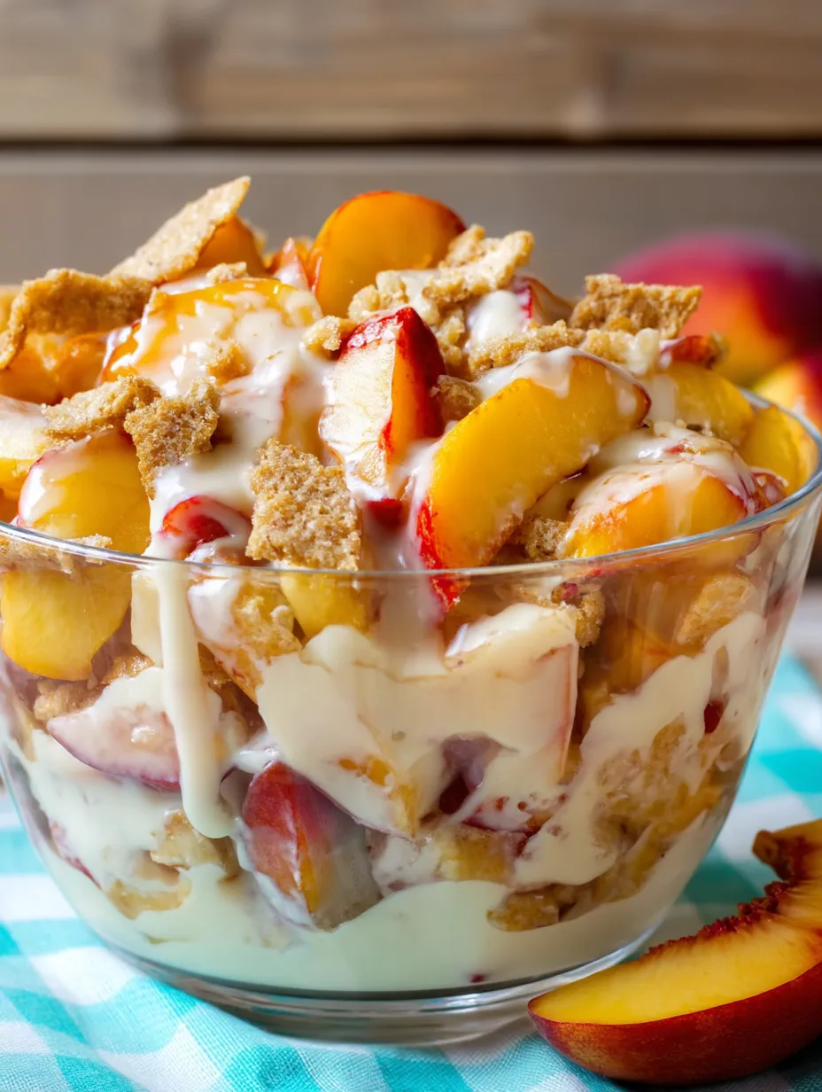 A bowl holding peaches and crumbs.