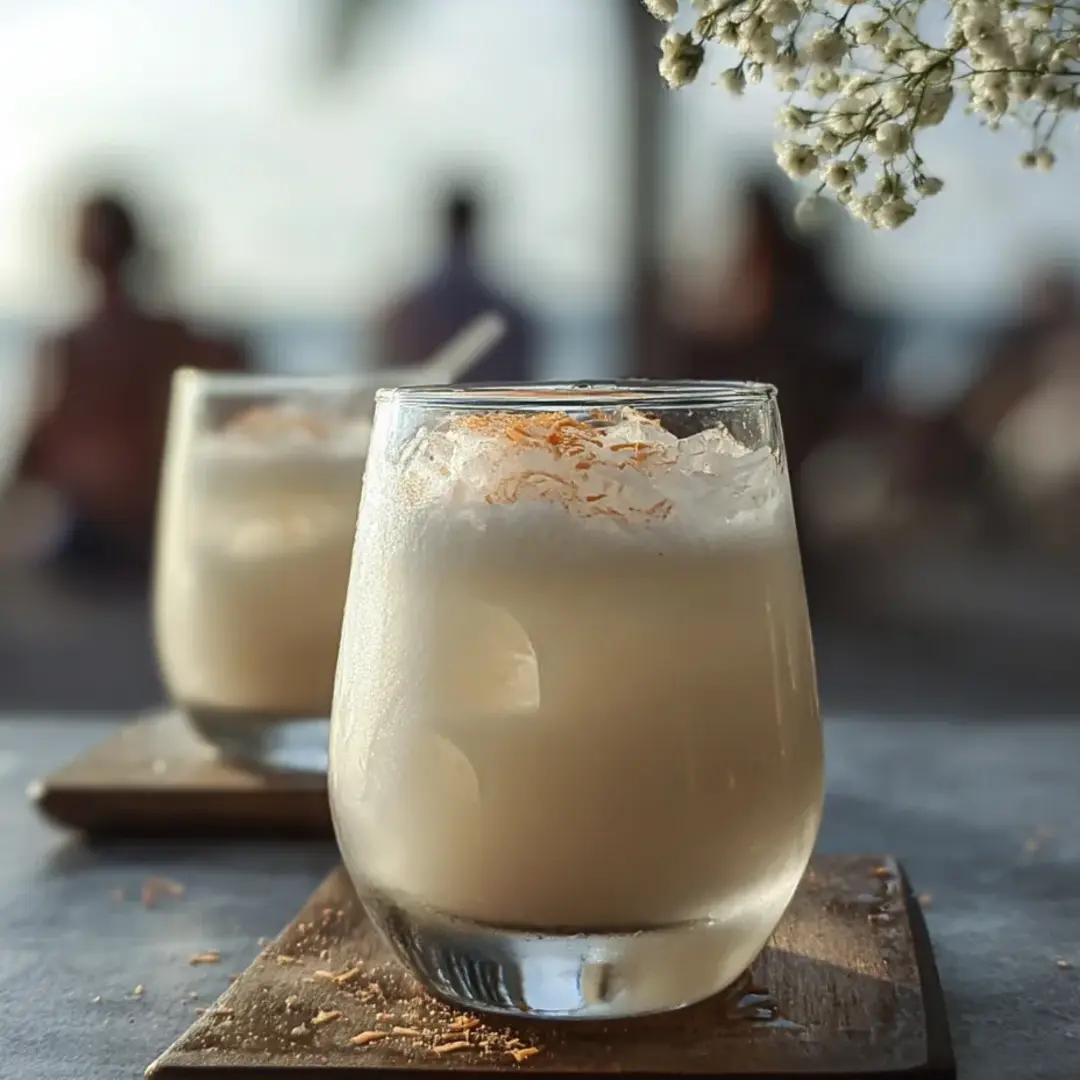 A pair of glasses with milky drinks and a sprinkle of orange on top, sitting on a table.