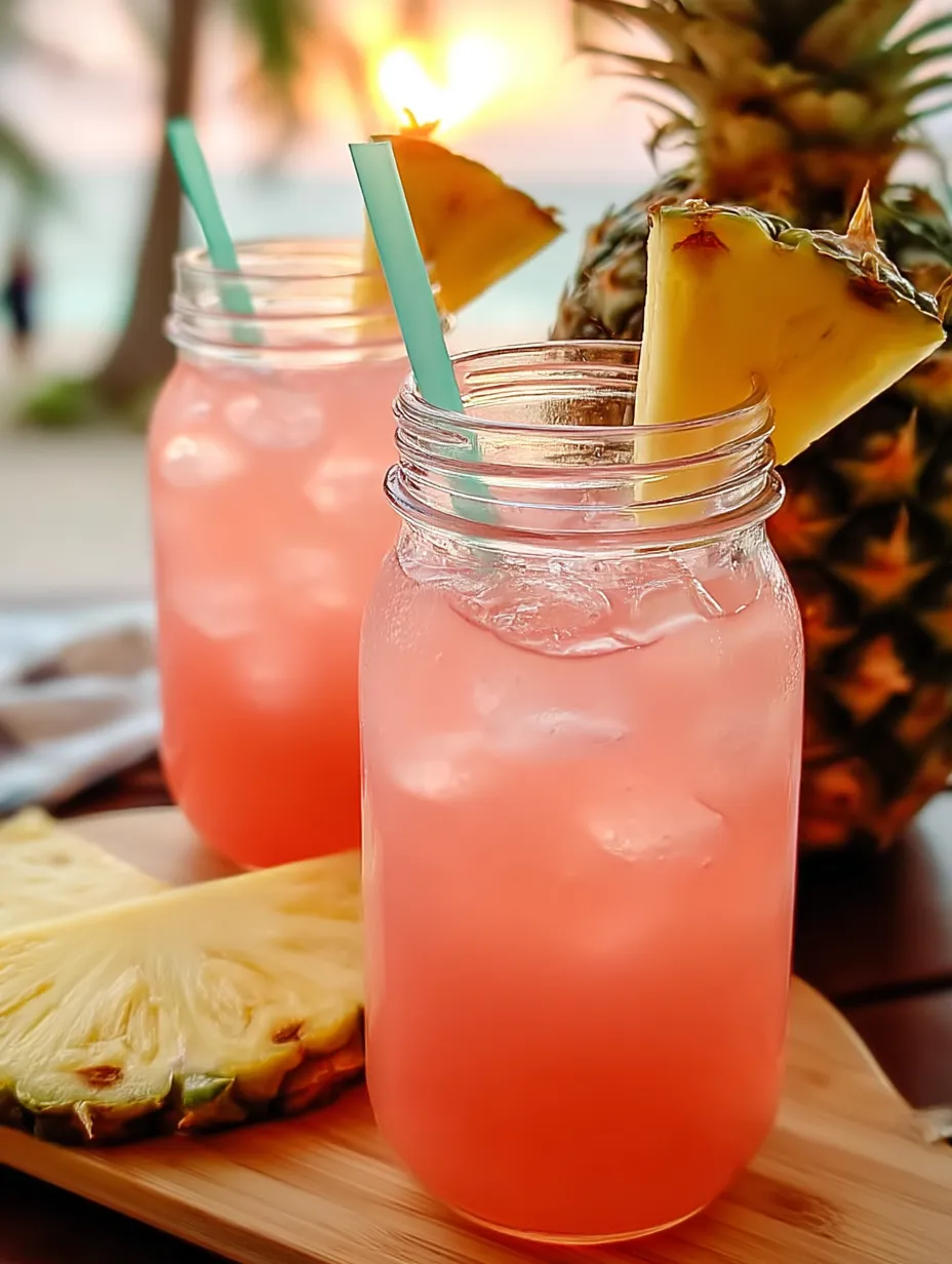 Two glasses of pink lemonade with straws sitting in them.