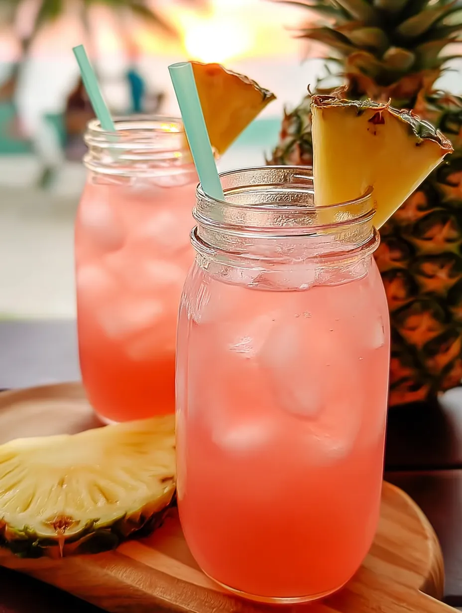 Two pink drinks in glasses with pineapple wedges on the rim.