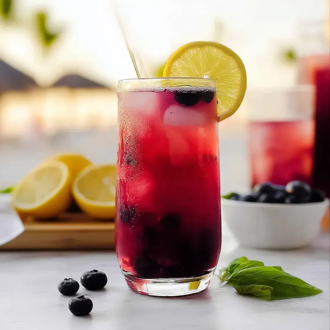 A glass of red juice topped with fresh blueberries and a lemon wedge.
