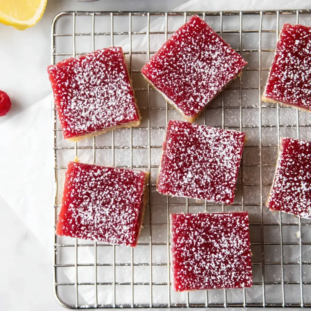 Tray of red fruit bars dusted with powdered sugar.
