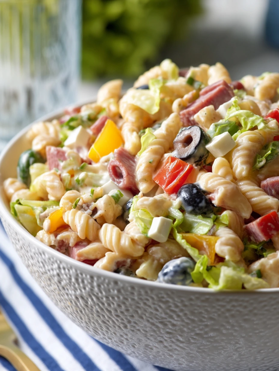 Big bowl of pasta salad with ham and fresh blueberries.