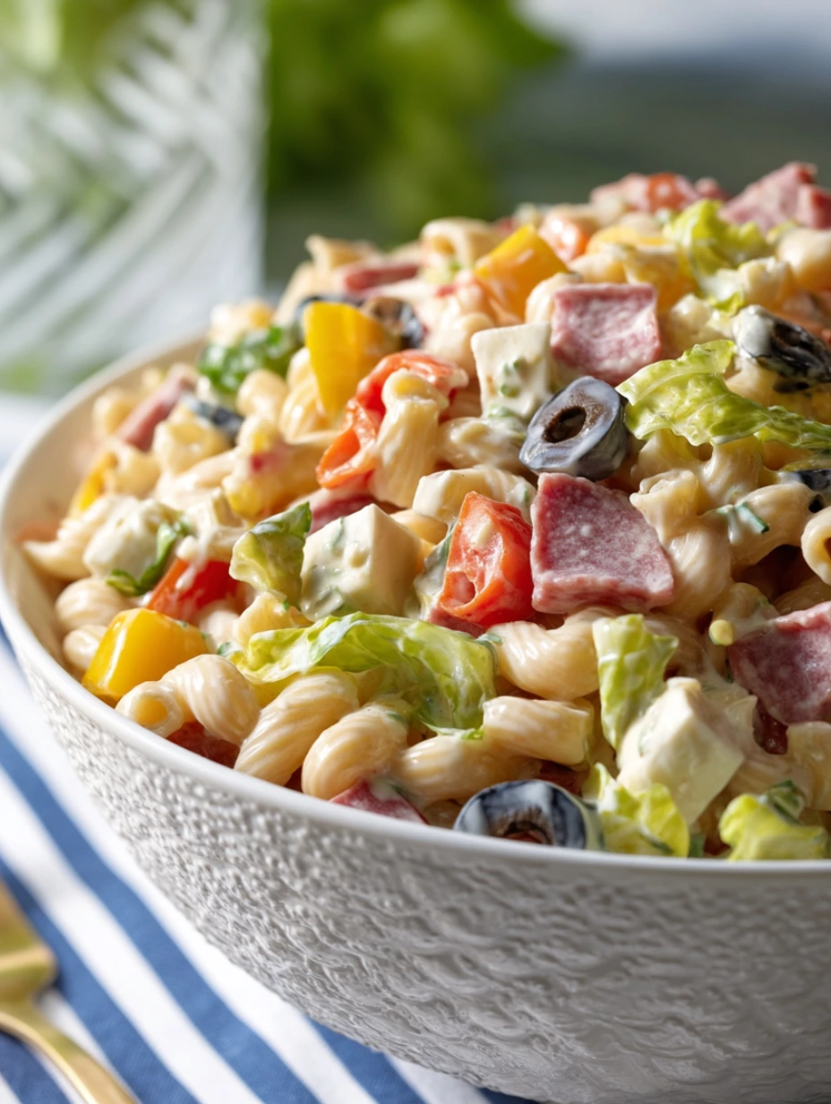 A big bowl full of pasta salad loaded with veggies.