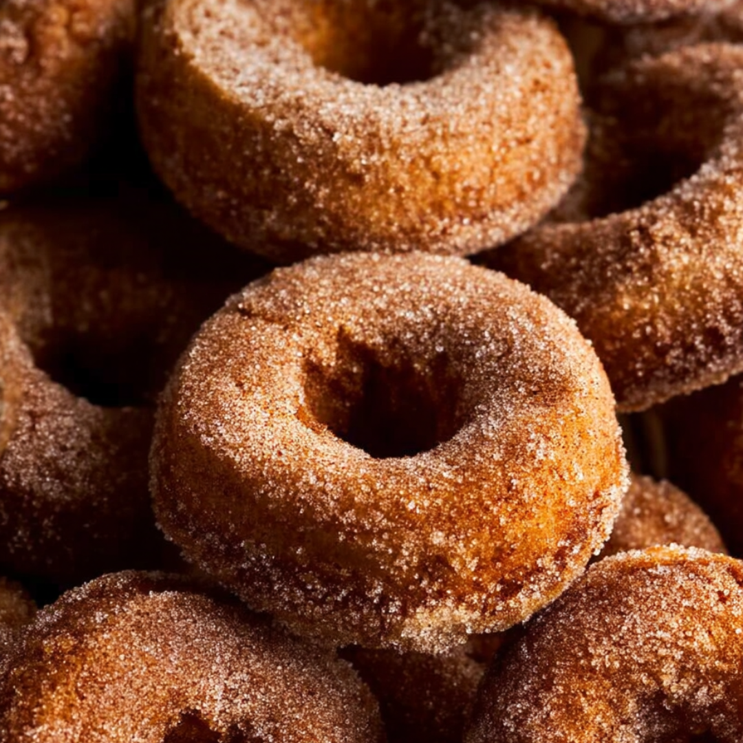 Sugary donuts stacked up on each other.