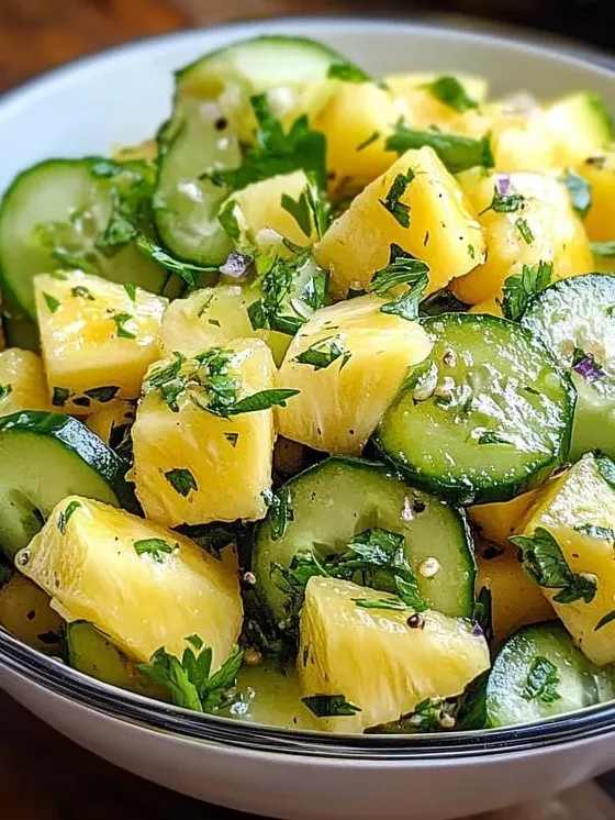A bowl holding chunks of pineapple and slices of fresh cucumber.