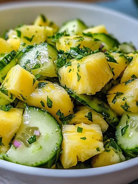 Chunks of cucumber and pineapple tossed together in a big bowl.