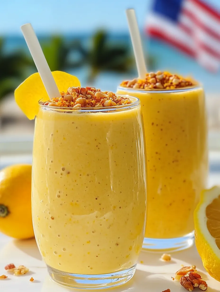 Two glasses filled with orange smoothie, topped with lemon slices.