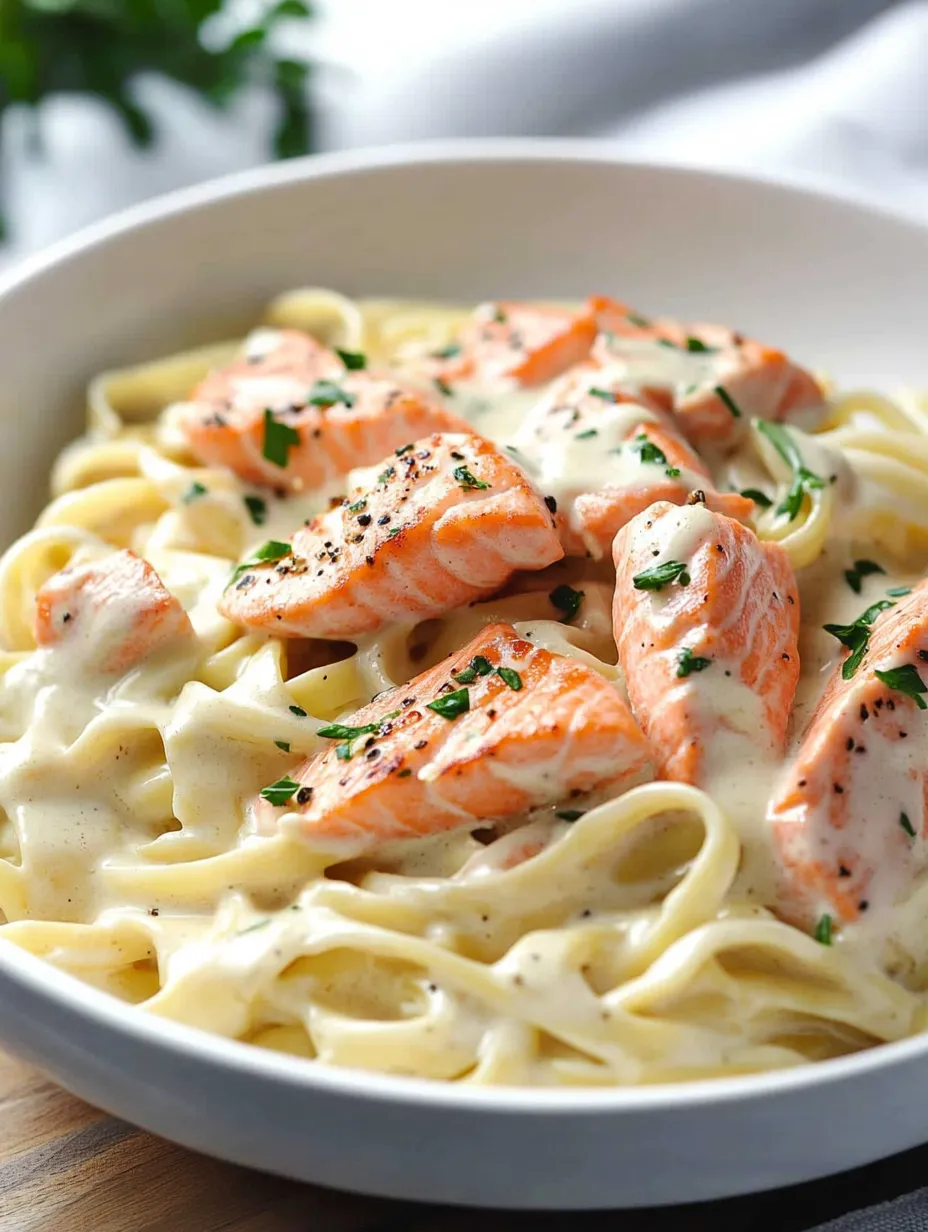 Pasta in a bowl with salmon and parmesan.