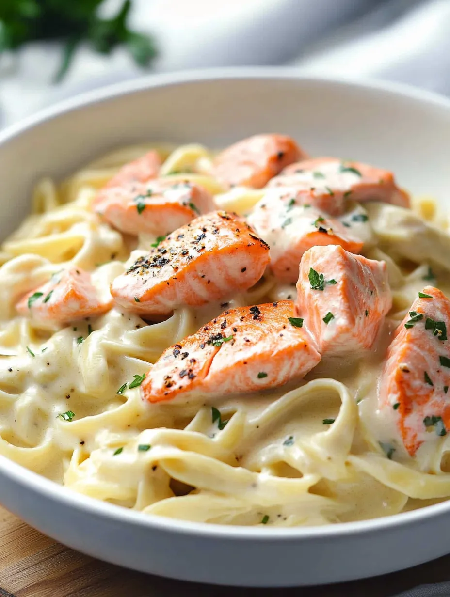 Pasta in a bowl with salmon piled on top.