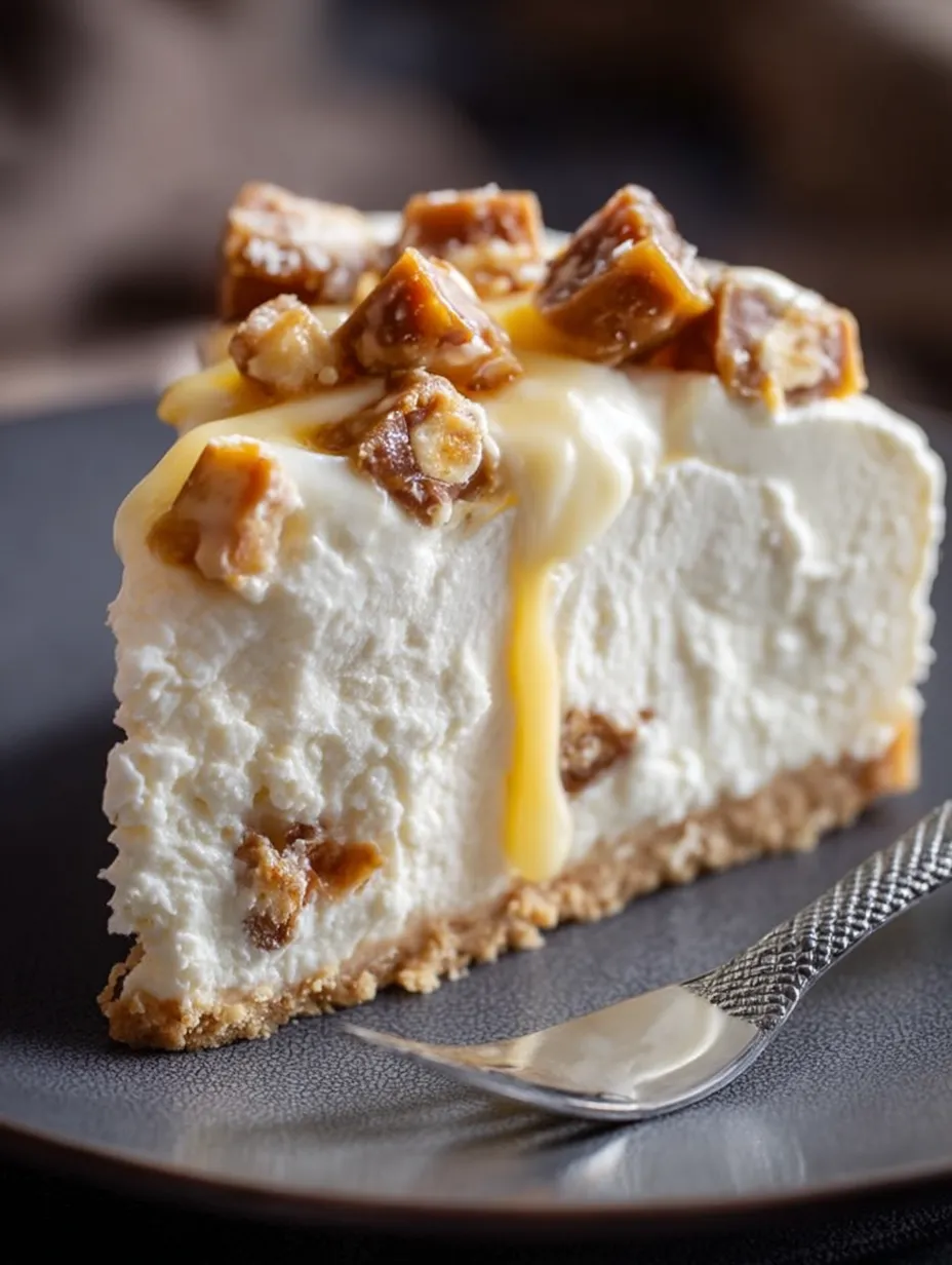 One piece of creamy cheesecake drizzled with caramel.