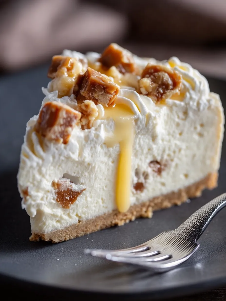 One piece of creamy cheesecake drizzled with caramel.