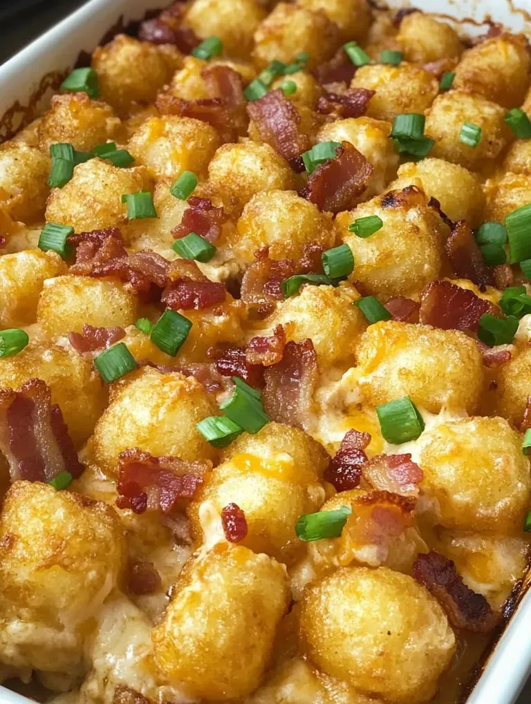 Crispy tater tots topped with gooey cheese and bacon bits.