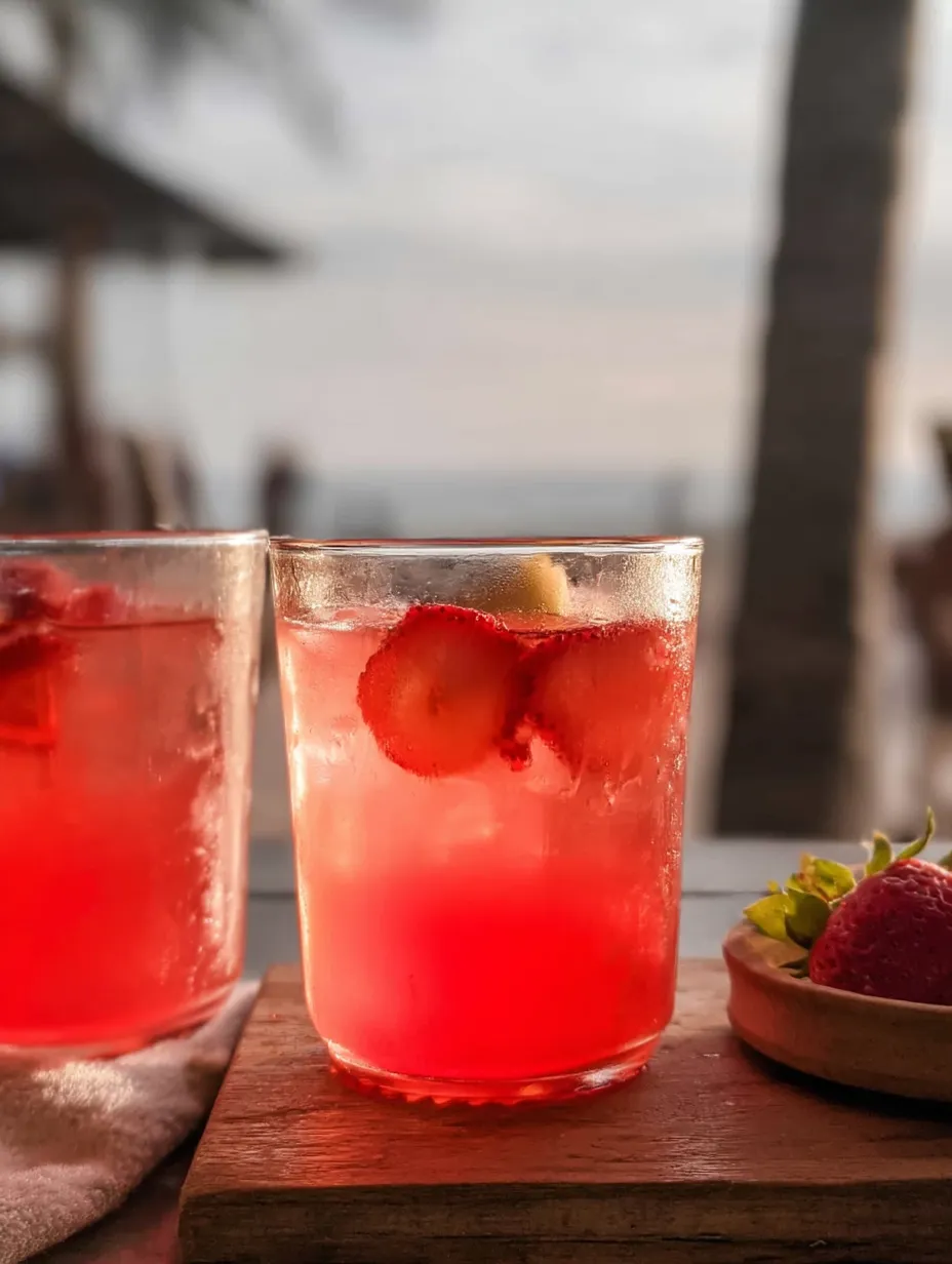Two glasses of pink drinks with strawberries in them.