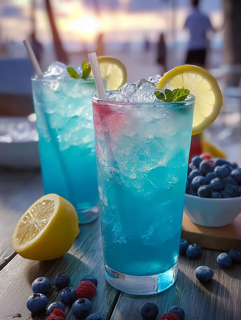 Two blue drinks topped with lemon slices.