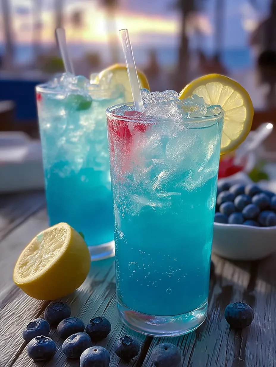 Blue drinks with lemon on top.