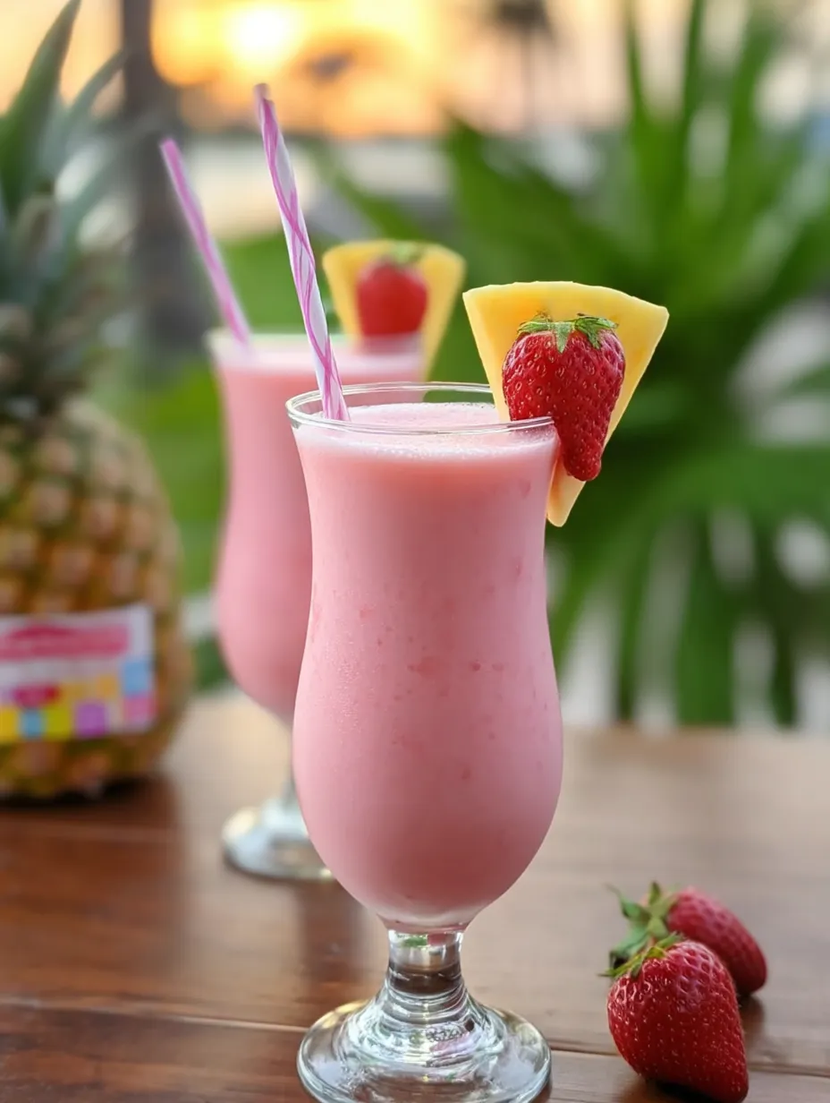 A glass filled with a pink tropical beverage and a straw.