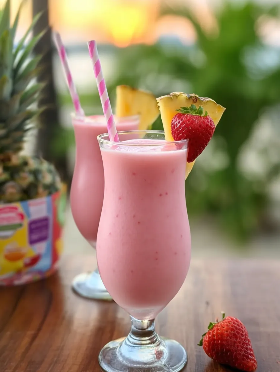 Two glasses of pink tropical drinks topped with pineapple and strawberries.