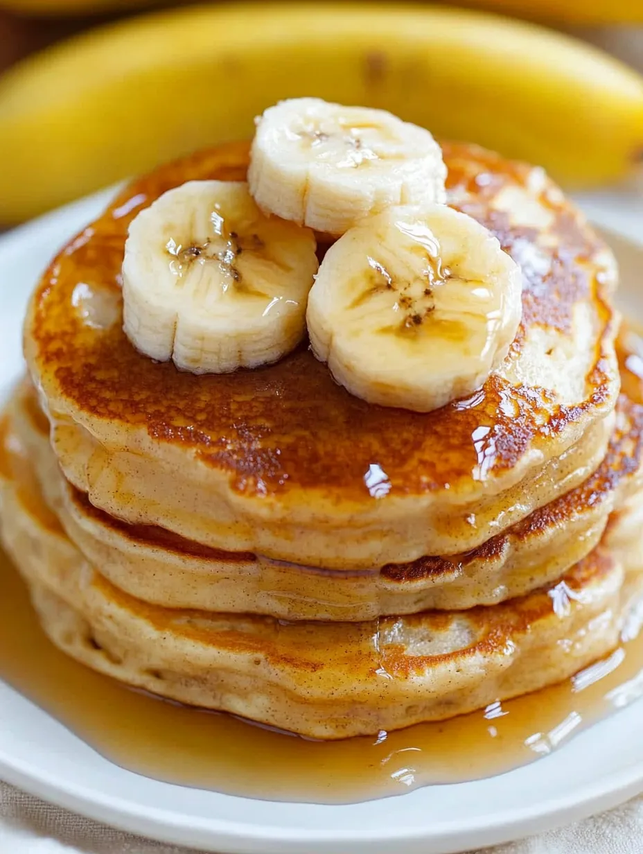 Pancake stack loaded with fresh banana slices.