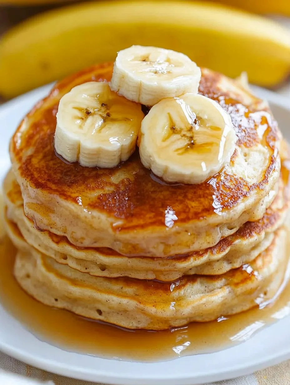 Stacked pancakes with a heap of banana slices on top.
