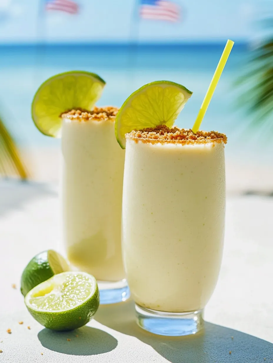 Two creamy lime drinks beside whole limes on a wood table.