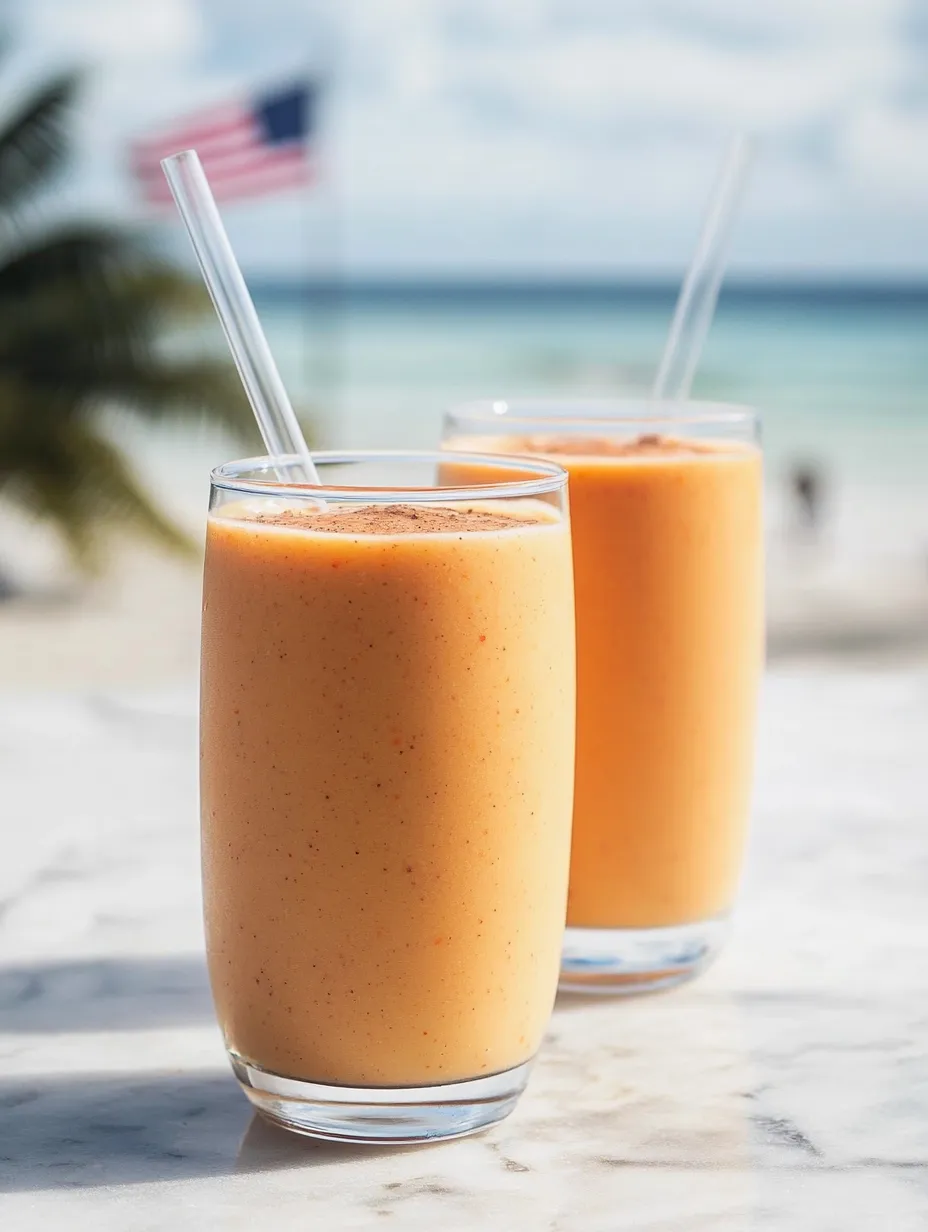 Two tall glasses of bright orange smoothie on a table.