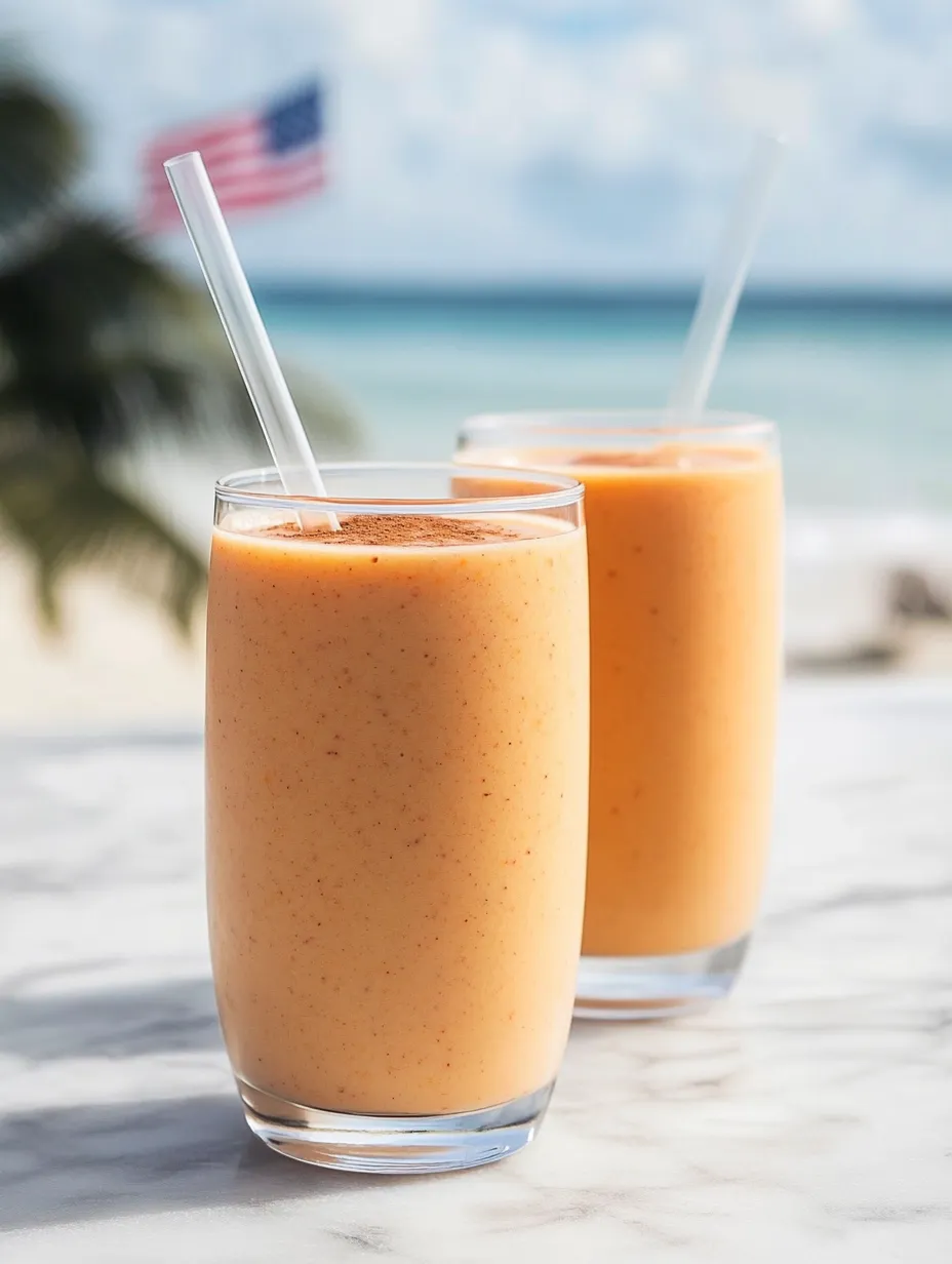 Pair of glasses with bright orange smoothie.