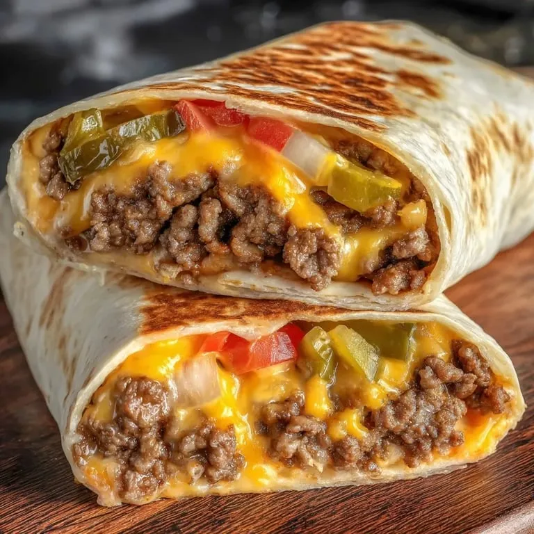 A loaded burrito packed with beef and melted cheese.