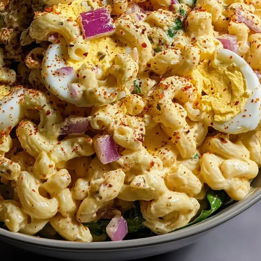 A bowl filled with macaroni salad and chunky bits of egg.