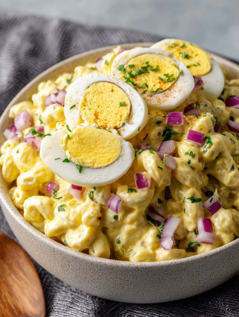 A bowl filled with creamy elbow pasta and topped with sliced boiled eggs.