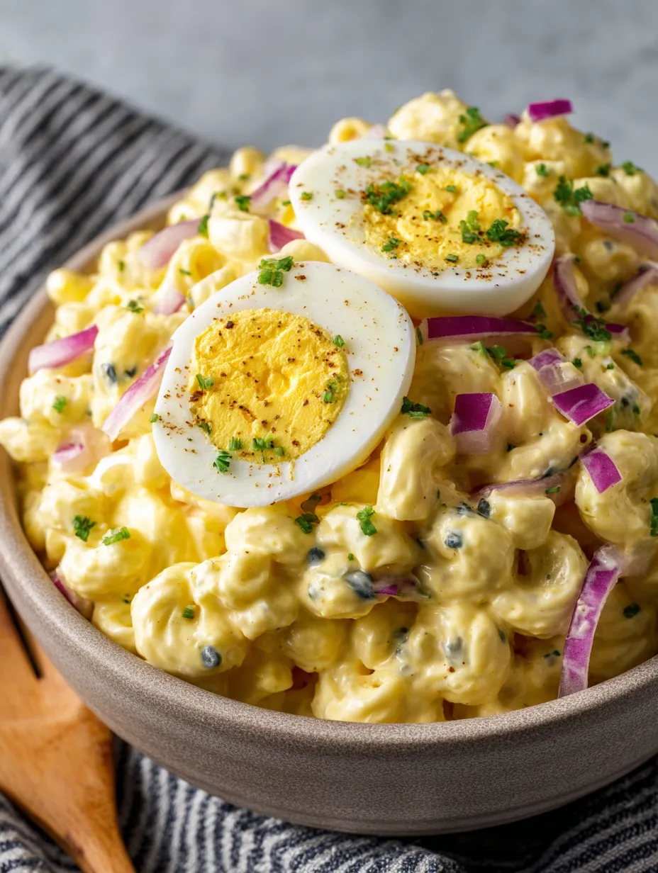Bowl of creamy elbow pasta topped with sliced hard-boiled eggs.