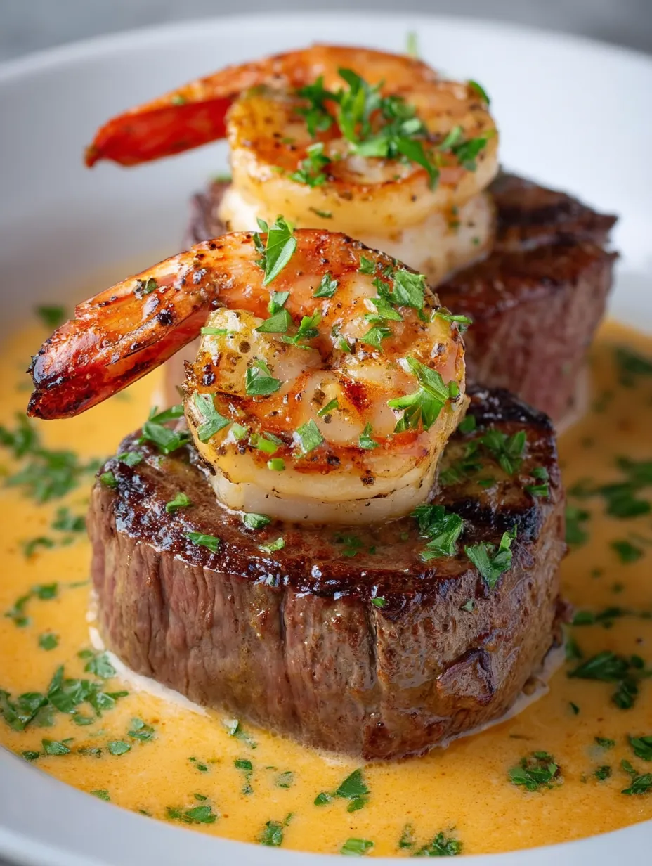 Steak covered in shrimp.