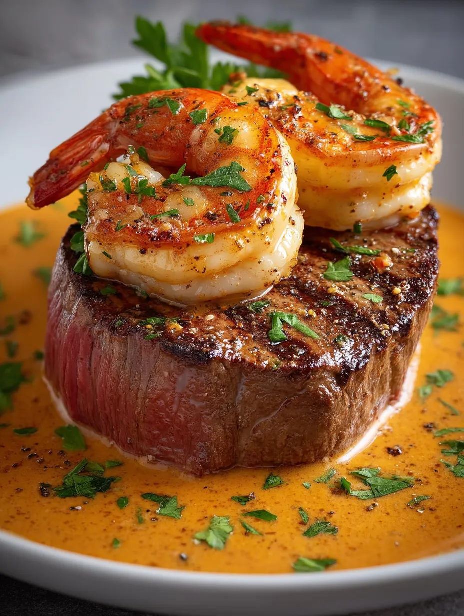 Shrimp piled on steak.