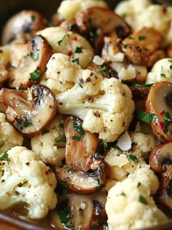 Mouthwatering close up of cauliflower with mushrooms.