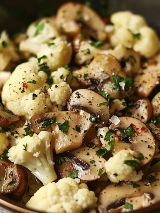Irresistible close up of mushrooms and cauliflower.