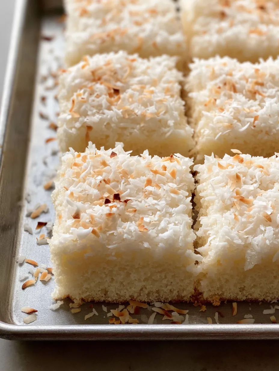 A tray of cake with coconut on top.