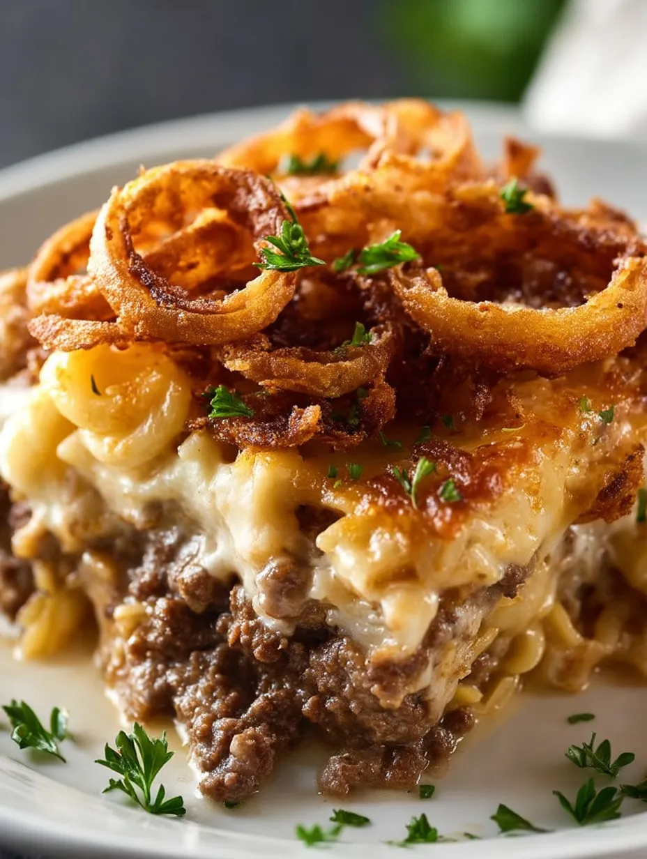 Dinner plate piled with cheesy pasta, beef, and golden onions.